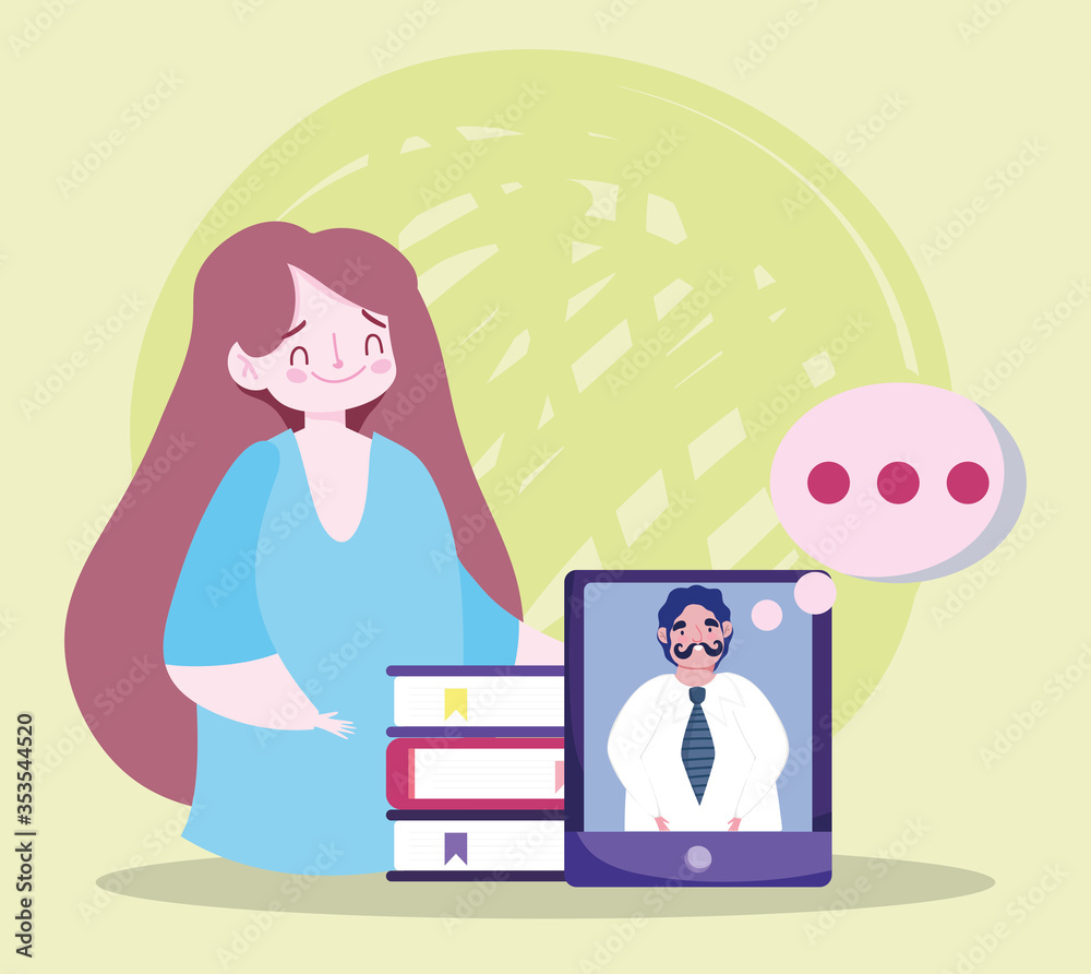 online education teacher student girl talking smartphone and books online education teacher student girl talking smartphone and books