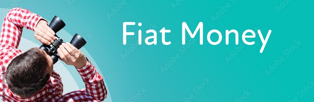 Fototapeta premium Fiat Money. Businessman (man) looks through binoculars. Birds eye view. Focus on text. Blue Background. Business, Finance, Statistics, Analysis, Economy