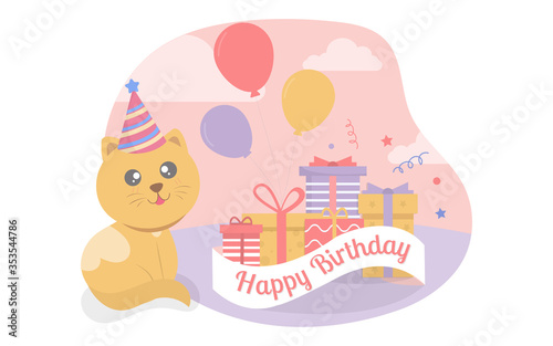 The yellow cat sat beside the gift box and balloons at the birthday party.Vector Illustrator.Party invitation card.Birthday party set cartoon animal.