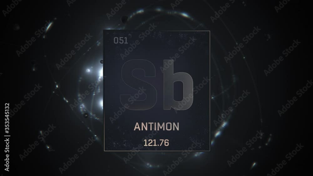 Antimony as Element 51 of the Periodic Table. Seamlessly looping 3D animation on silver illuminated atom design background orbiting electrons name, atomic weight element number in German language Antimony as Element 51 of the Periodic Table. Seamlessly looping 3D animation on silver illuminated atom design background orbiting electrons name, atomic weight element number in German language