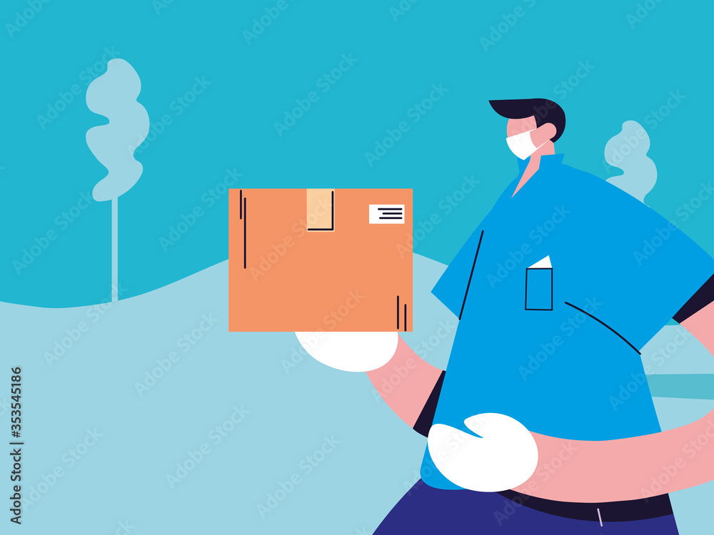 male courier with gloves and masks carrying package male courier with gloves and masks carrying package