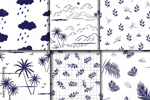 Nature hand drawn collection on monotone blue seamless pattern for decorative,fabric,textile,print or wallpaper