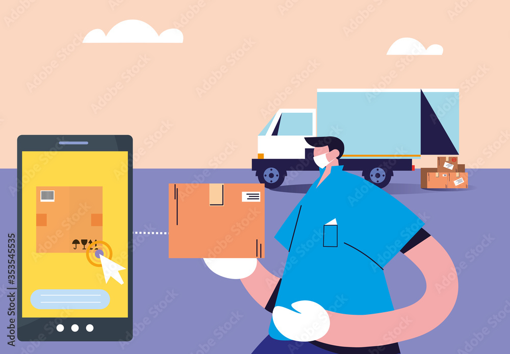 Obraz premium messenger and truck carrying packages through the city with security protocols