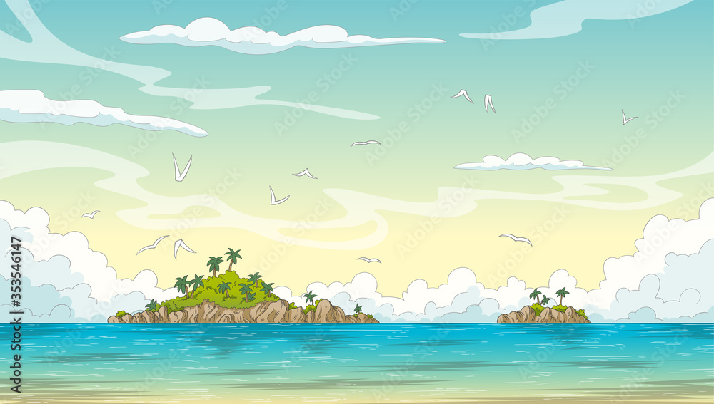 Summer landscape with islands, ozean and birds. Vector illustration with separate layers.