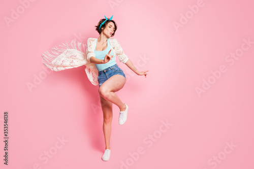 Φωτογραφία Full size photo of attractive lady rejoicing summer student party dance moving e