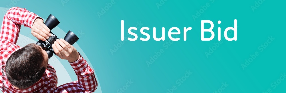 Fototapeta premium Issuer Bid. Businessman (man) looks through binoculars. Birds eye view. Focus on text. Blue Background. Business, Finance, Statistics, Analysis, Economy