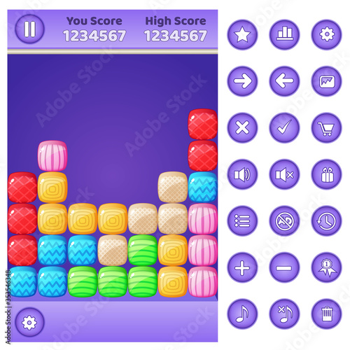 Gui game match 3 block puzzle and buttons set.