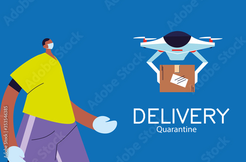 man receiving package with safety precautions, face mask and gloves
