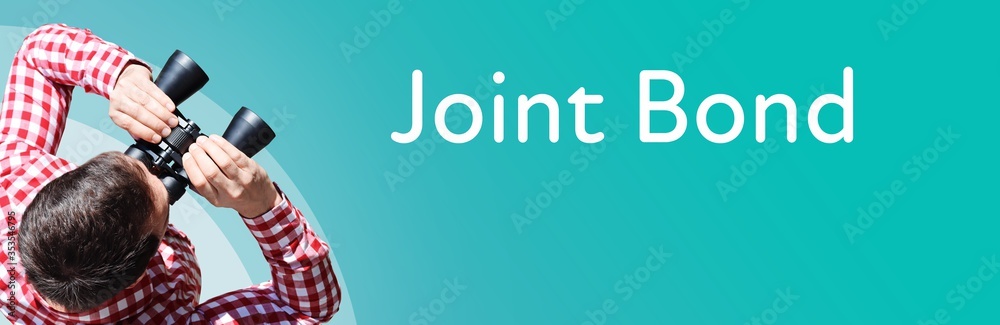 Fototapeta premium Joint Bond. Businessman (man) looks through binoculars. Birds eye view. Focus on text. Blue Background. Business, Finance, Statistics, Analysis, Economy