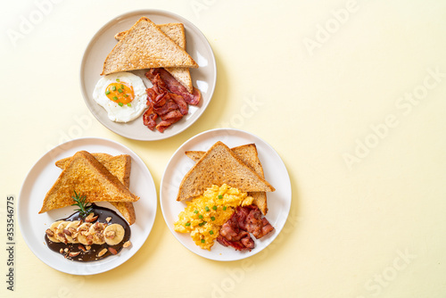 fried egg with bread toasted and bacon, scramble egg with bread toasted and bacon, French toast with banana chocolate almonds