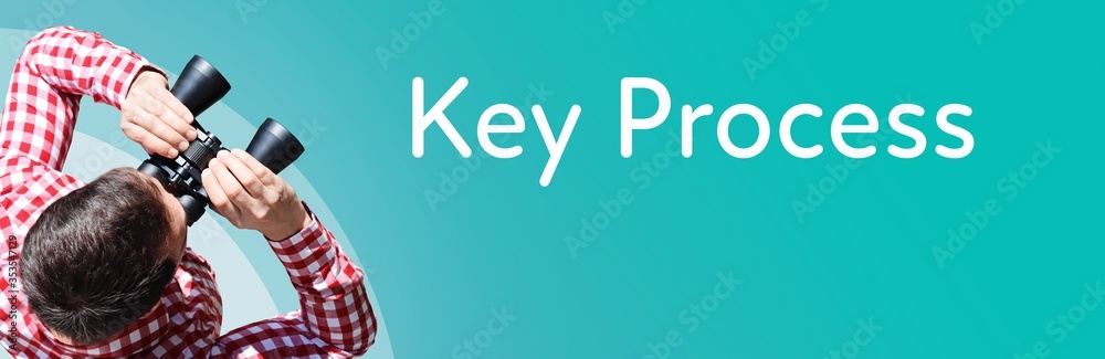Naklejka premium Key Process. Businessman (man) looks through binoculars. Birds eye view. Focus on text. Blue Background. Business, Finance, Statistics, Analysis, Economy