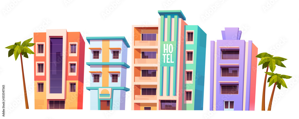Obraz premium Buildings, hotels in Miami at summer time, modern house architecture. Isolated multistory dwellings, stores and restaurants with glass windows and palm trees around, Cartoon vector illustration, set