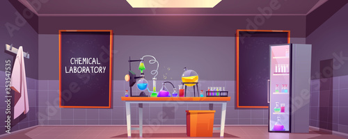 Chemical laboratory interior with glass flasks, tubes and beakers on table, blackboard on wall. Vector cartoon illustration of lab room with equipment for science research or medical test