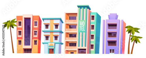 Buildings, hotels in Miami at summer time, modern house architecture. Isolated multistory dwellings, stores and restaurants with glass windows and palm trees around, Cartoon vector illustration, set