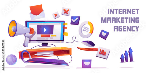Internet marketing agency banner. Digital business, online advertising, automation technology, SEO optimization. Computer desktop with loudspeaker and social media icons, Cartoon vector illustration
