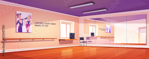 Dance studio, empty ballet class interior with mirrors and wooden floor. Rehearsal room for lessons with wall handrails and artist banners on wall, dance-hall for trainings cartoon vector illustration