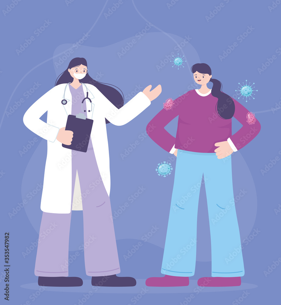 Obraz premium telemedicine, female doctor with medical mask and patient, coronavirus spread, treatment and healthcare