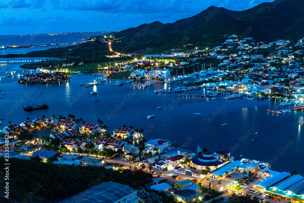 High Aerial view of Simpson bay Sint maarten during sunset. 