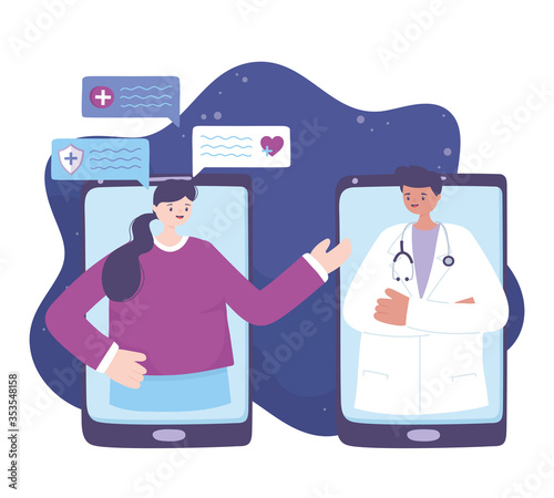 telemedicine, smartphones patient and doctor connected, medical treatment and online healthcare services