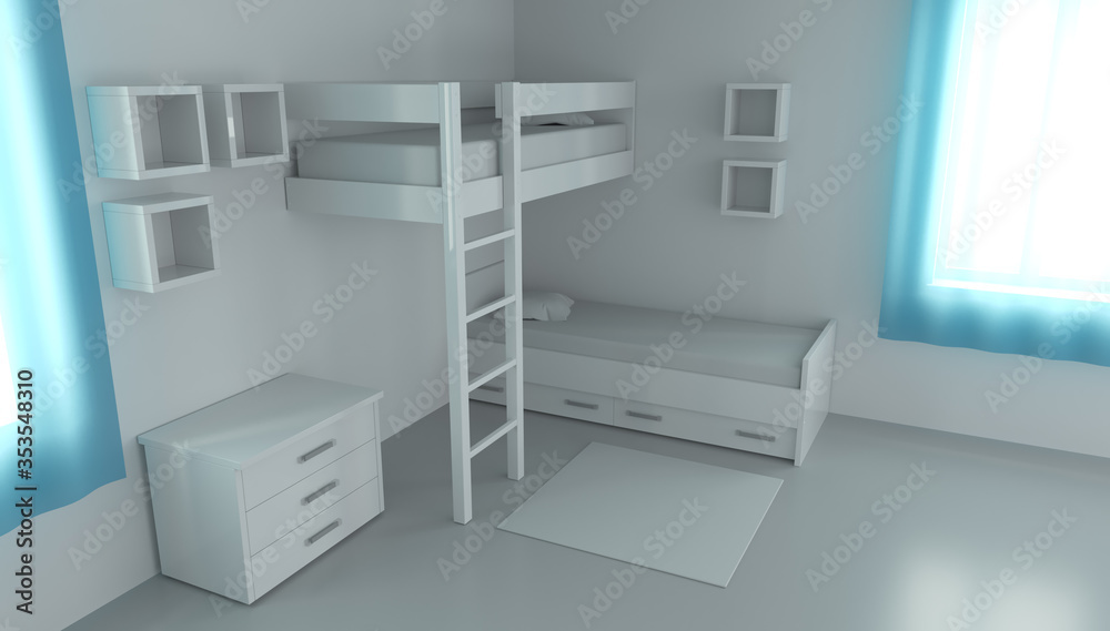 3D rendering children's bedroom for two children. Compact bedding in the interior. 3D rendering children's bedroom for two children. Compact bedding in the interior.