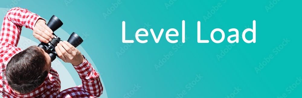 Fototapeta premium Level Load. Businessman (man) looks through binoculars. Birds eye view. Focus on text. Blue Background. Business, Finance, Statistics, Analysis, Economy