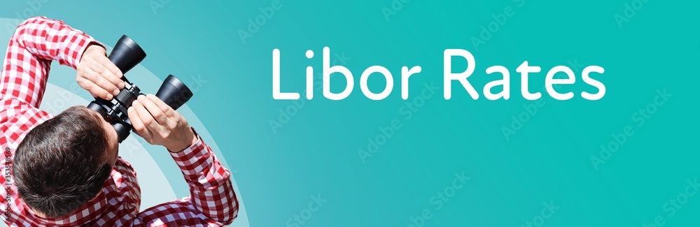 Fototapeta premium Libor Rates. Businessman (man) looks through binoculars. Birds eye view. Focus on text. Blue Background. Business, Finance, Statistics, Analysis, Economy