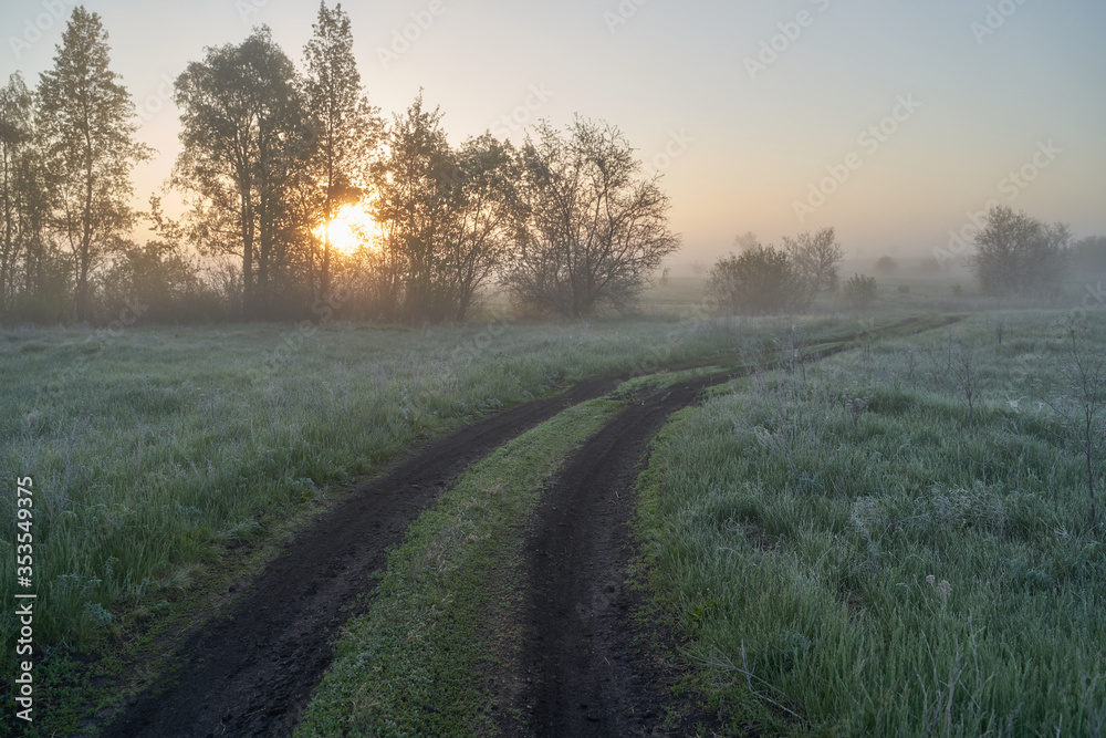 Early spring. Morning dawn over the lake in a misty, thoughtful haze. Beautiful view of the forest covered with fog early in the morning. The sun's rays of light. May. Early spring. Morning dawn over the lake in a misty, thoughtful haze. Beautiful view of the forest covered with fog early in the morning. The sun's rays of light. May.