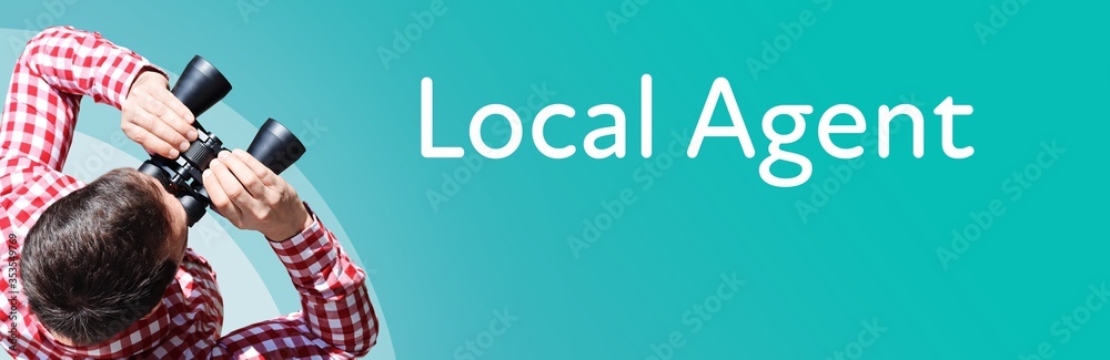 Fototapeta premium Local Agent. Businessman (man) looks through binoculars. Birds eye view. Focus on text. Blue Background. Business, Finance, Statistics, Analysis, Economy