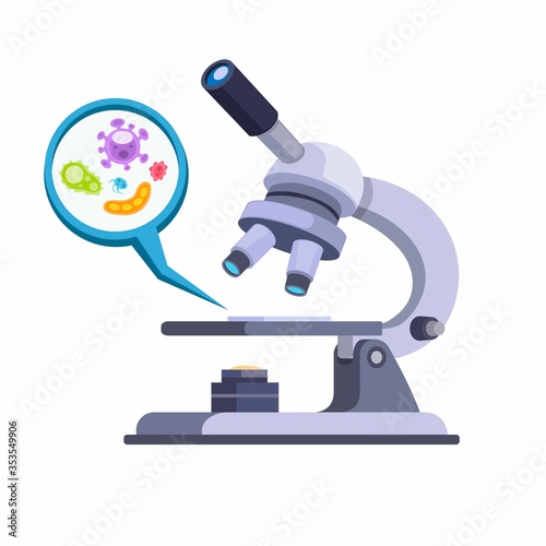 Microscope with bacteria detection, laboratory tools in cartoon flat illustration vector isolated in white background
