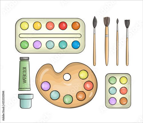 Set of paint and brush icons. Vector colored stationery, drawing materials, office or school supplies isolated on white background. Cartoon style