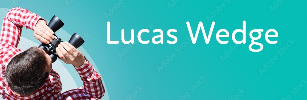 Fototapeta premium Lucas Wedge. Businessman (man) looks through binoculars. Birds eye view. Focus on text. Blue Background. Business, Finance, Statistics, Analysis, Economy