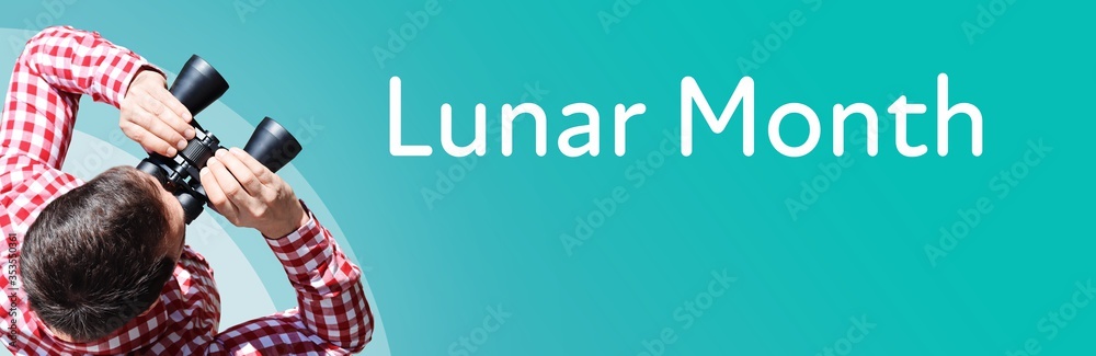 Naklejka premium Lunar Month. Businessman (man) looks through binoculars. Birds eye view. Focus on text. Blue Background. Business, Finance, Statistics, Analysis, Economy
