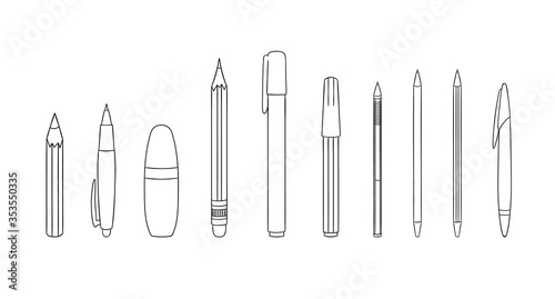Set of pen and pencil line icons. Vector colored stationery, writing materials, office or school supplies isolated on white background. Cartoon style
