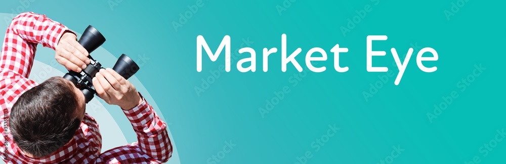 Fototapeta premium Market Eye. Businessman (man) looks through binoculars. Birds eye view. Focus on text. Blue Background. Business, Finance, Statistics, Analysis, Economy