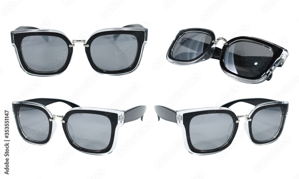 Set modern black sunglasses in round frame isolated on white background. Collection summer glasses with polarization stock photo Set modern black sunglasses in round frame isolated on white background. Collection summer glasses with polarization stock photo