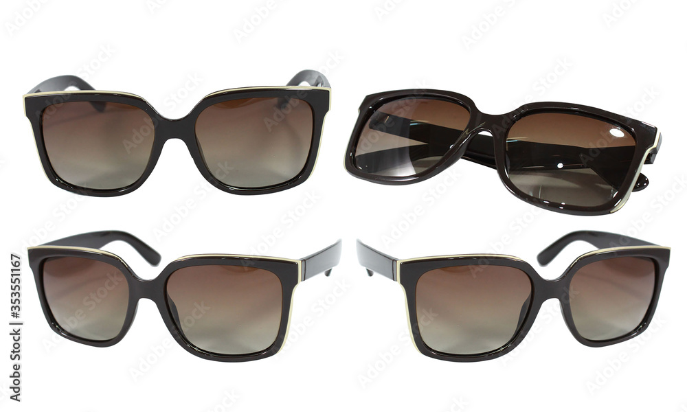 Set Summer Sunglasses of black plastic with polarized gradient isolated on white background. Collection fashion eye glasses stock photo Set Summer Sunglasses of black plastic with polarized gradient isolated on white background. Collection fashion eye glasses stock photo