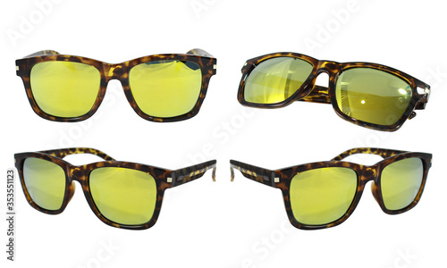 Sunglasses with polarizing yellow gradient Mirror Lens isolated on white background. Fashionable summer eye glasses collection stock photo