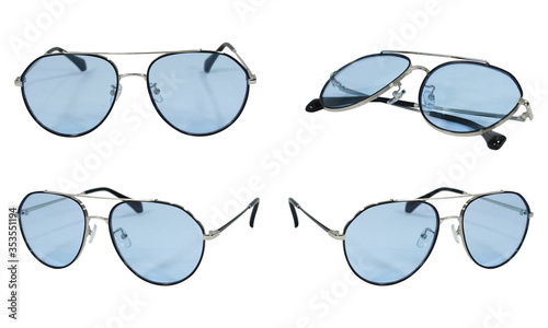 Sunglasses with polarizing blue gradient Mirror Lens isolated on white background. Fashionable summer eye glasses collection. Glamour glasses mockup. stock photo photo