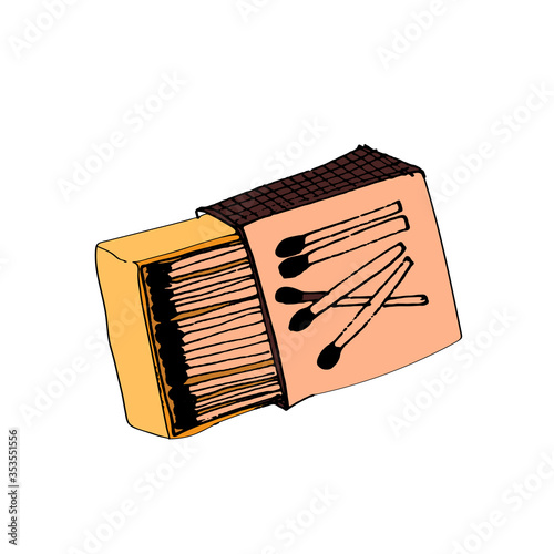 The box of matches is drawn by hand. Matches for a campfire on a picnic. Boy Scouts use matches to make fire.