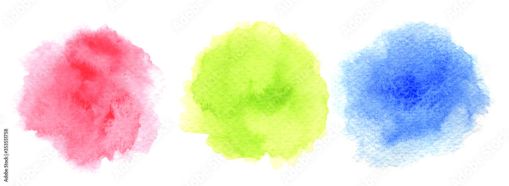 Fototapeta Red, light lime green, and blue watercolor painted in circle shape on a white rough watercolor paper. Three colors isolated on white background.