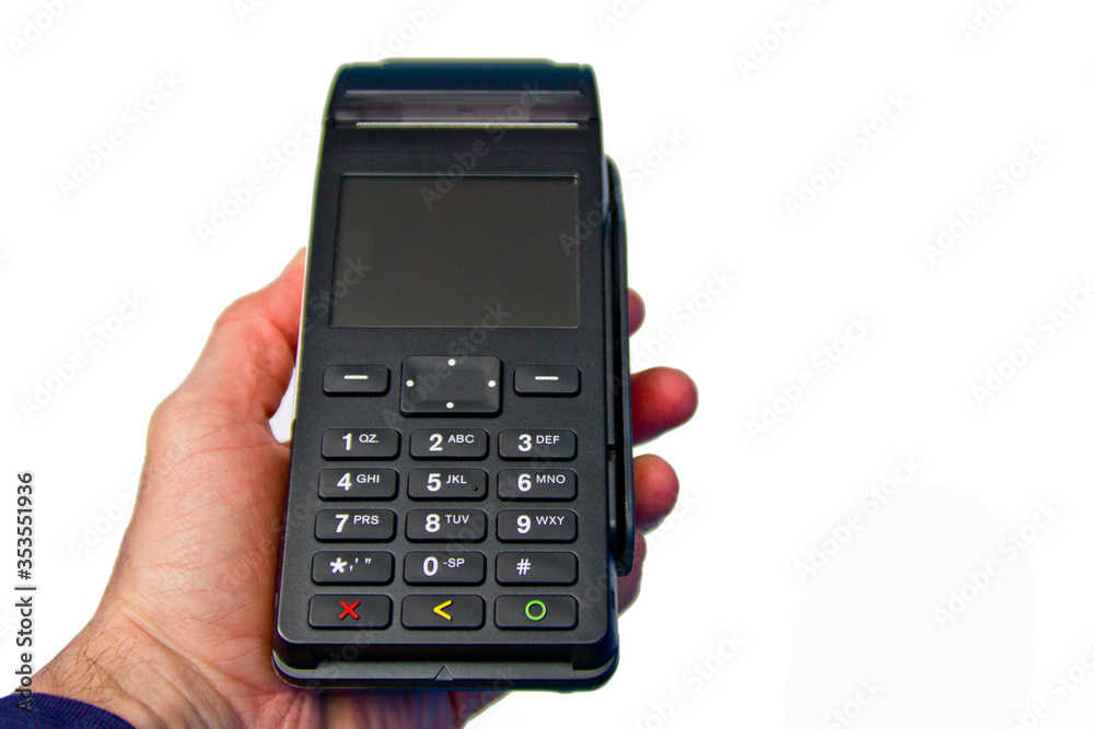 Hand is holding a redit card payment terminal on blank background. Hand is holding a redit card payment terminal on blank background.