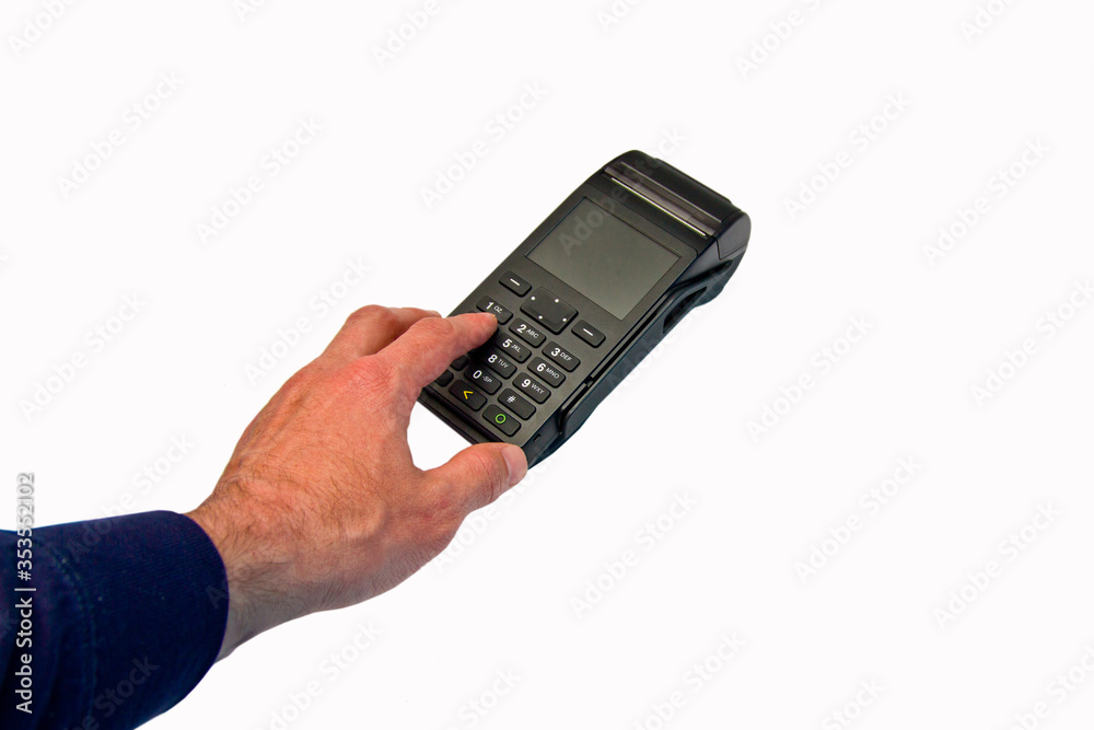 Hand enters PIN - password - isolated on white background. Security of payments. Hand enters PIN - password - isolated on white background. Security of payments.