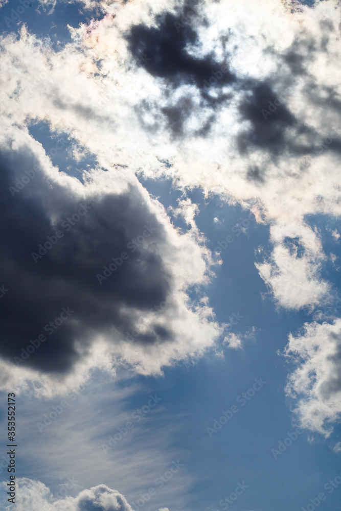 blue sky with large white clouds, sunny, processing HDR