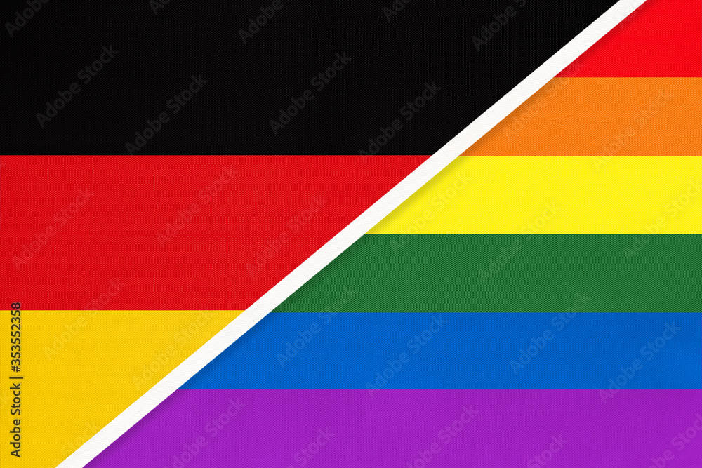 Federal Republic of Germany national fabric flag and rainbow flag of LGBT community from textile.