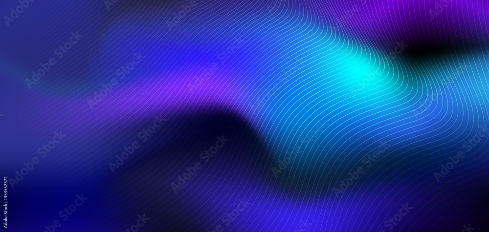 Fototapeta premium Ilustracja Streszczenie świecące, efekt światła neonowego, linia fali, falisty wzór. Wektor projektowania komunikacji techno na niebieskim tle. Futurystyczna technologia cyfrowa dla tła sieci lub banera