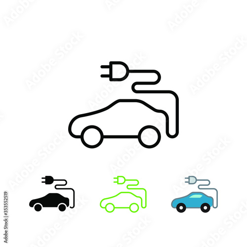 Eco friendly automobile or electric vehicle concept as  modern electric in green energy refueling and e-mobility charging. Electric car icon. Vector ilustration. Design on white background. EPS 10