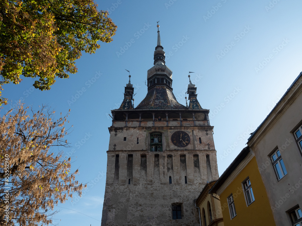 Sighisoara clock tower in Transylvania, landmark of the city. The tower is the main entry point to the citadel, now inside the tower is a museum of history.