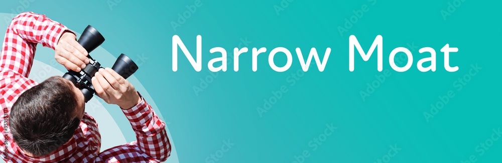 Naklejka premium Narrow Moat. Businessman (man) looks through binoculars. Birds eye view. Focus on text. Blue Background. Business, Finance, Statistics, Analysis, Economy