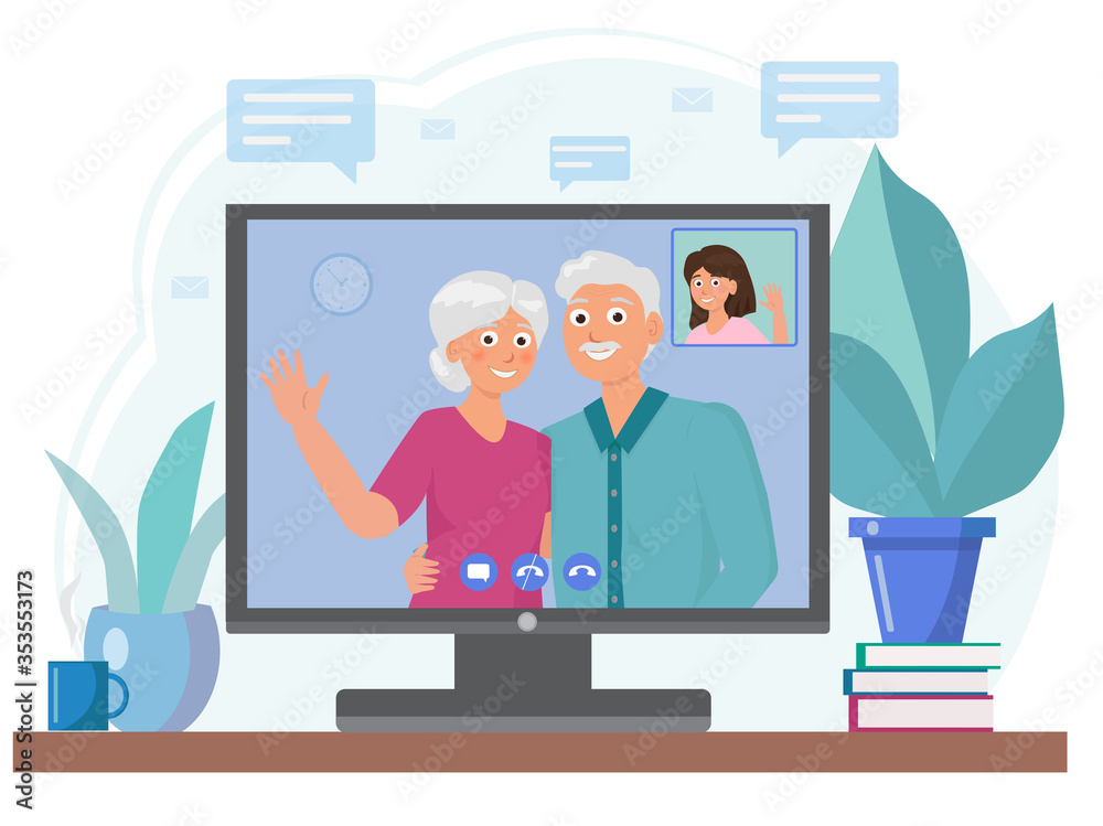 Elderly people talking, using video call on a computer monitor. Stay at home concept Elderly people talking, using video call on a computer monitor. Stay at home concept