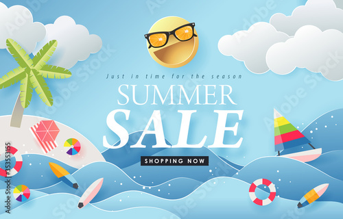 Summer sale design with paper cut beach island with summer elements  in blue sky background.Vector illustration template.